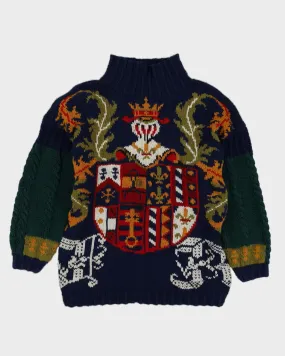Blue Patterned Hand Knitted Jumper - M