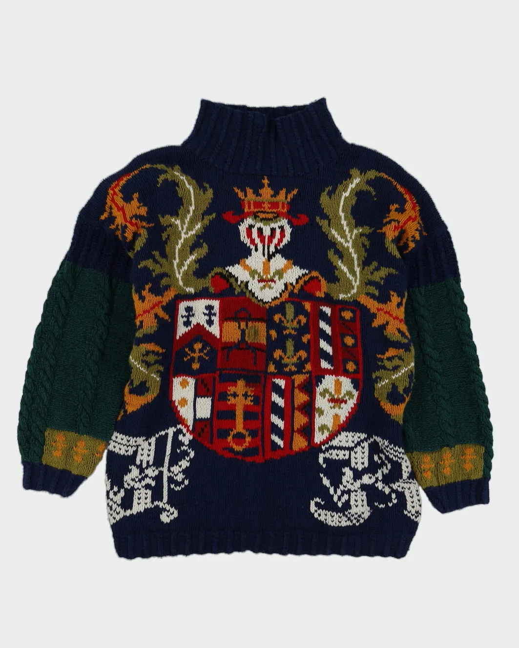 Blue Patterned Hand Knitted Jumper - M