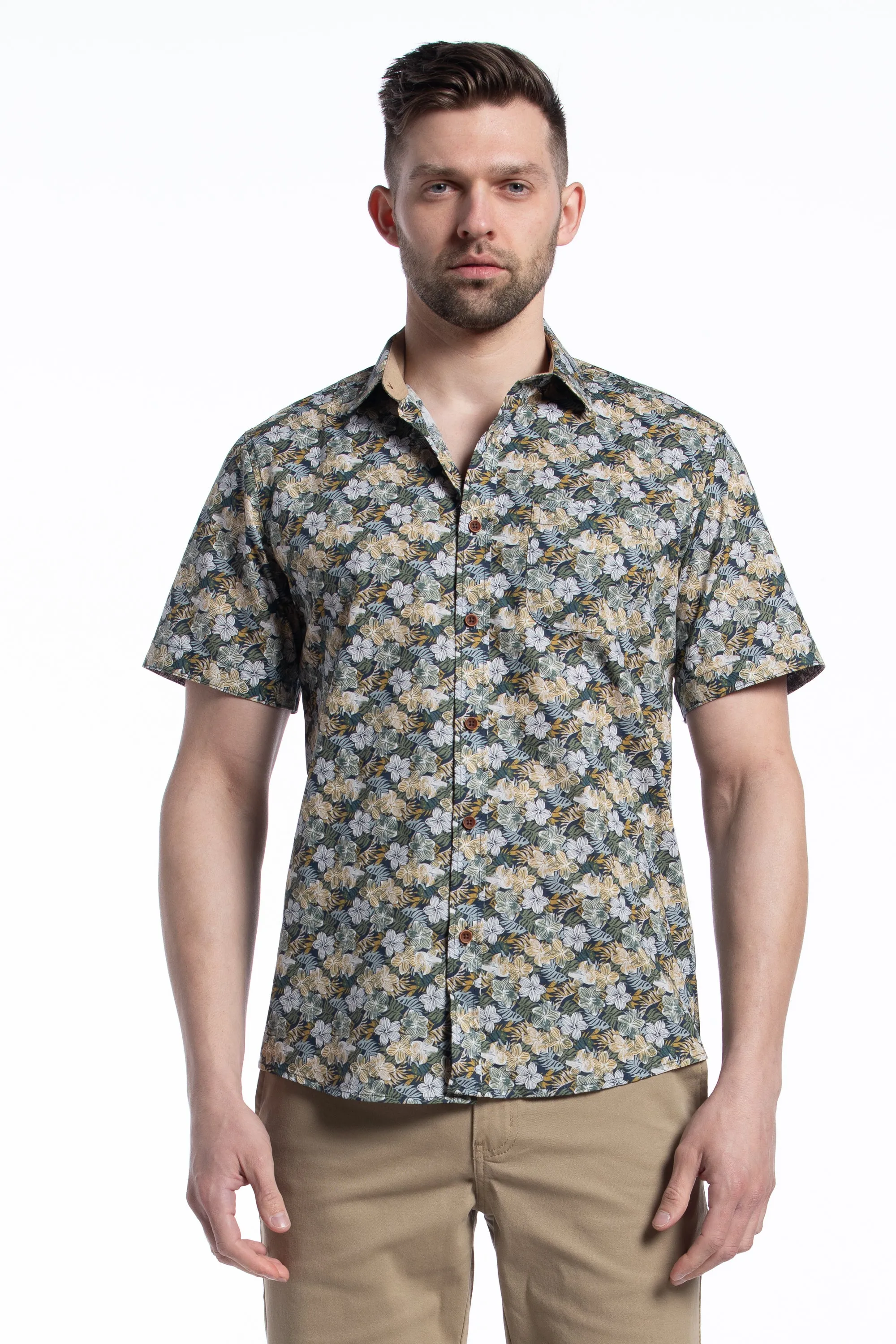 Bora Bora Floral Short Sleeve Shirt in Fern and Asparagus Green