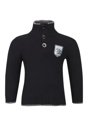 Boys Black High Neck Buttoned Cotton Knitted Jumpers