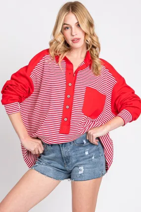 Calderon Stiped Drop Shoulder Button Front Henley Top - Red