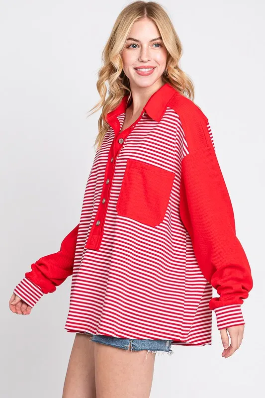 Calderon Stiped Drop Shoulder Button Front Henley Top - Red
