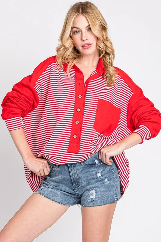 Calderon Stiped Drop Shoulder Button Front Henley Top - Red