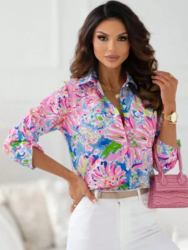 Carlotta Printed Lapel Long Sleeve Casual Women's Cardigan Shirt
