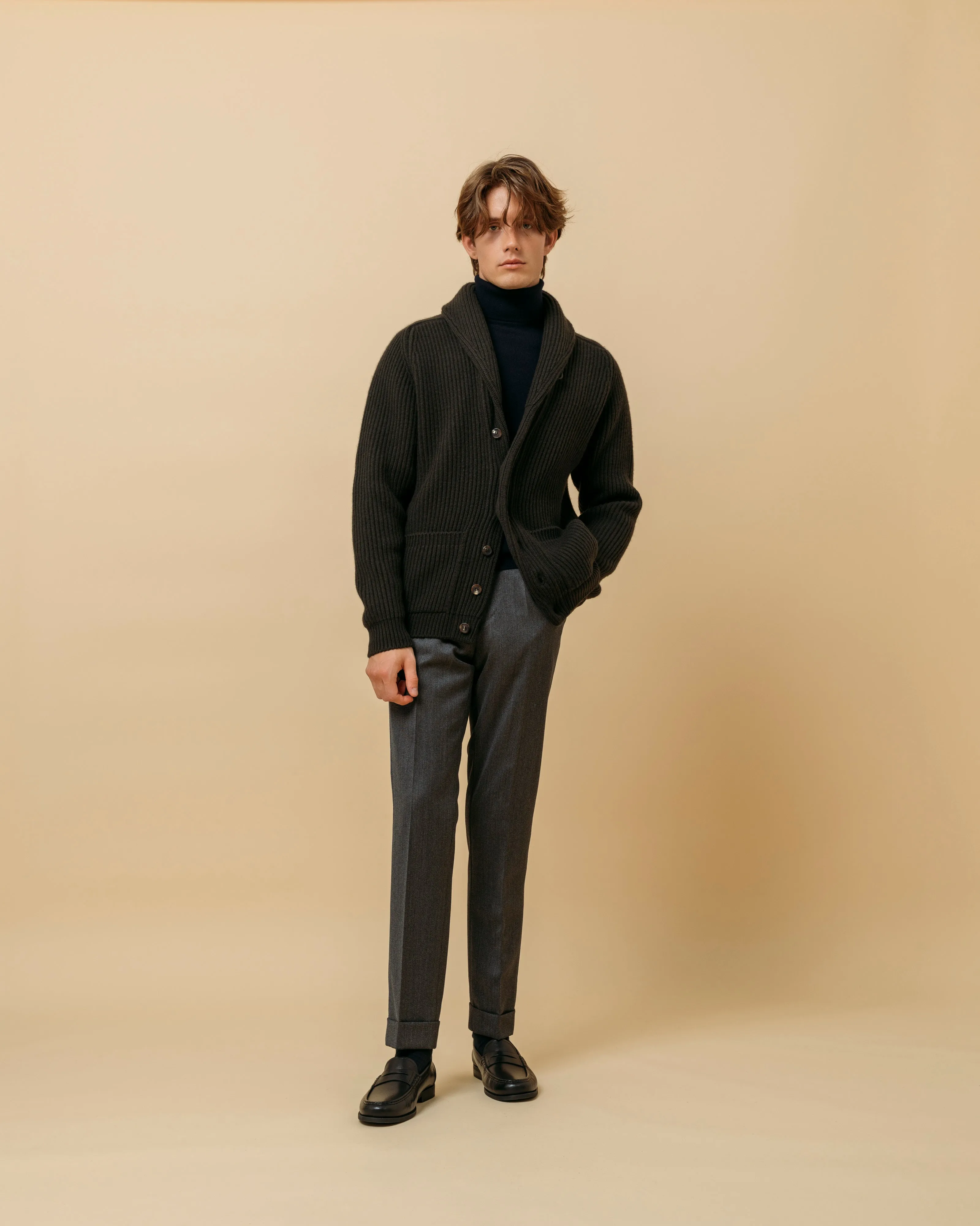Cashmere shawl collar cardigan in dark olive