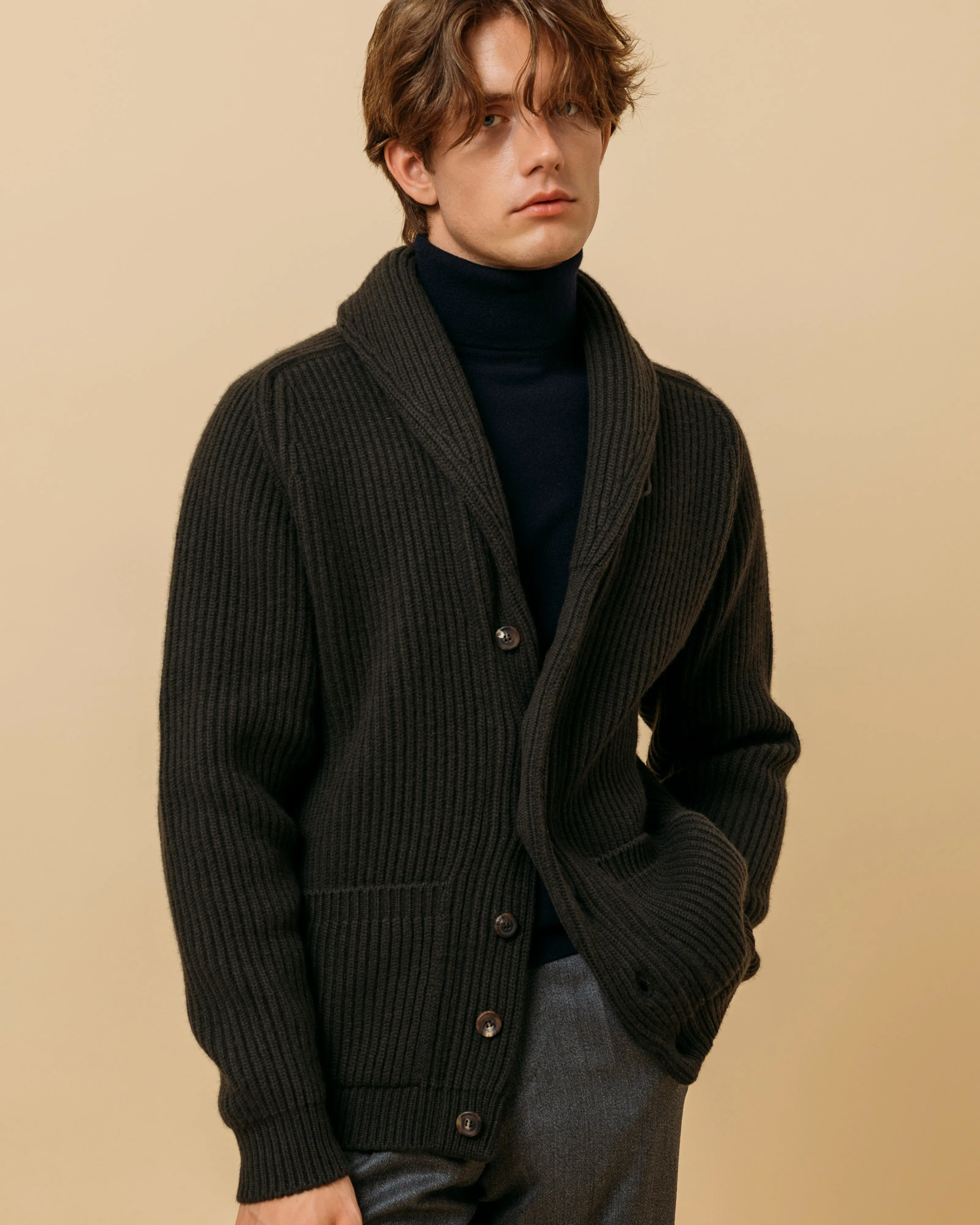 Cashmere shawl collar cardigan in dark olive