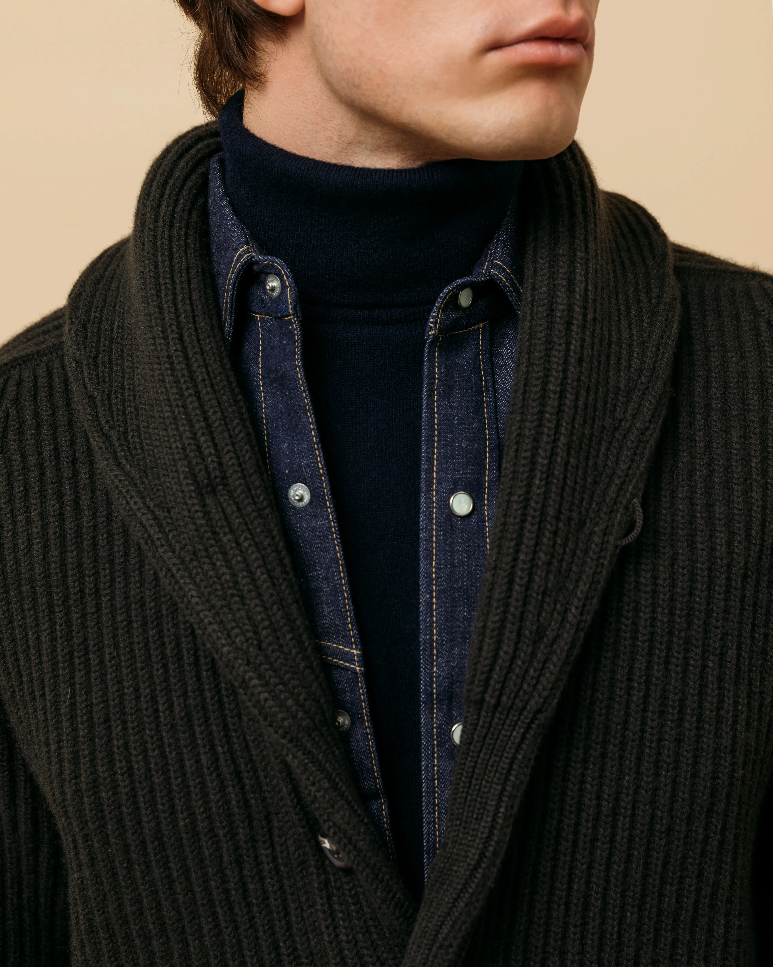 Cashmere shawl collar cardigan in dark olive