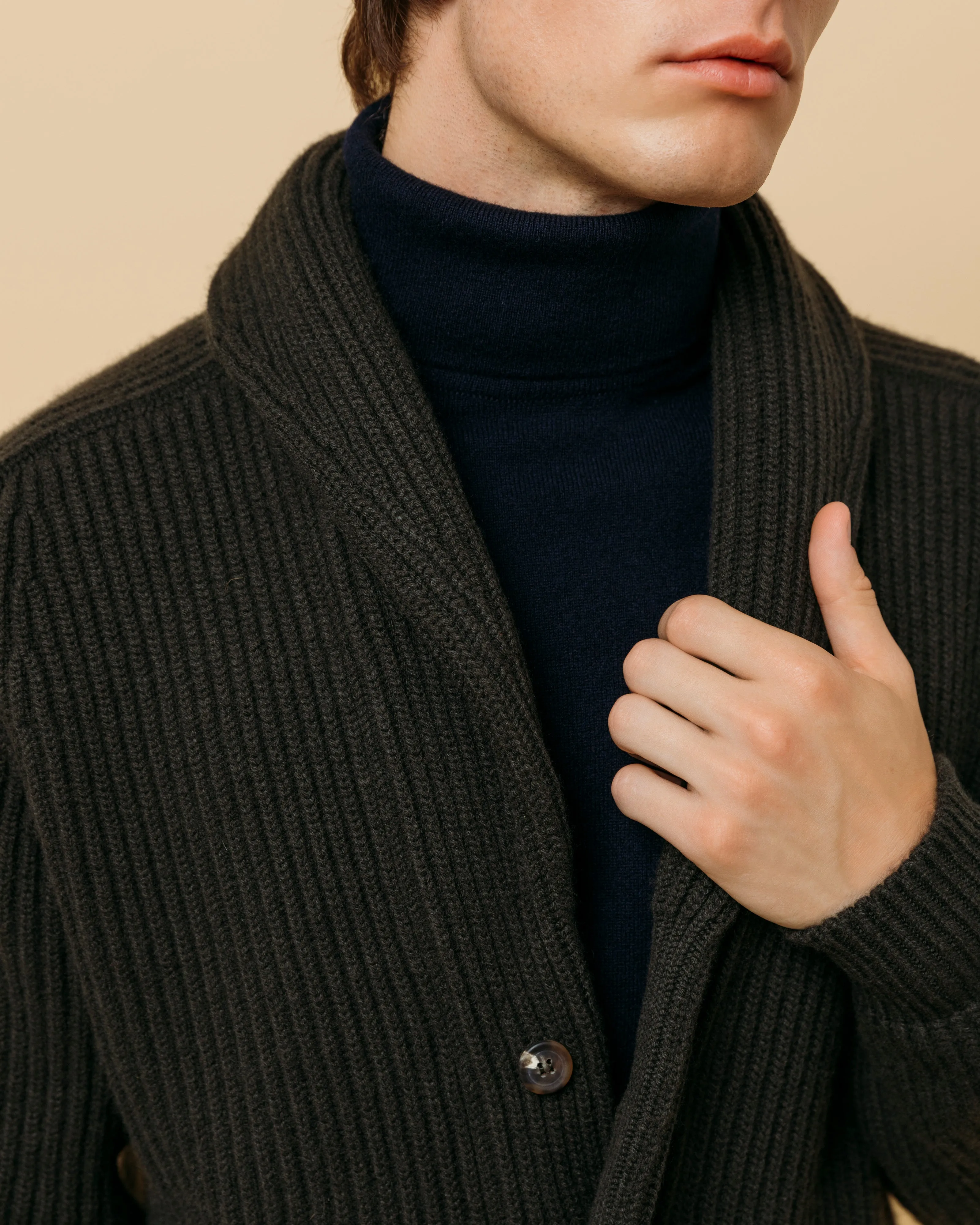 Cashmere shawl collar cardigan in dark olive