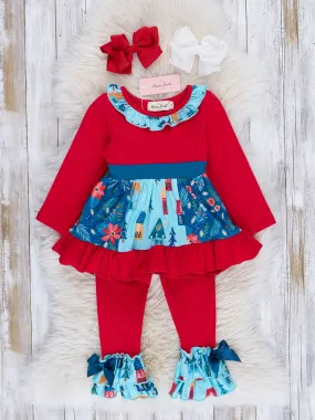 Chambray & Red Tree Lot Ruffle Outfit