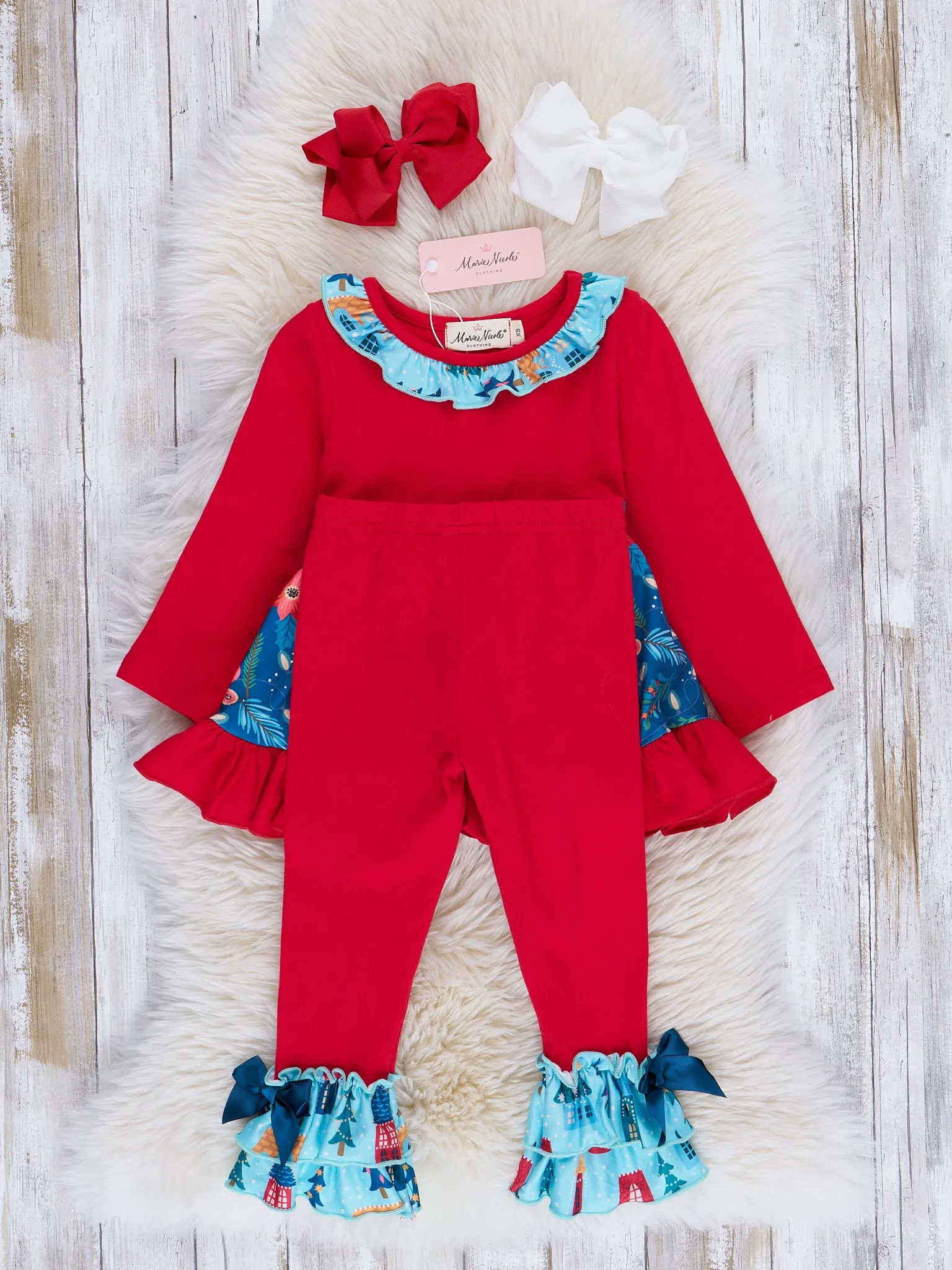 Chambray & Red Tree Lot Ruffle Outfit