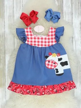 Chambray Bandana Cow Ruffle Dress