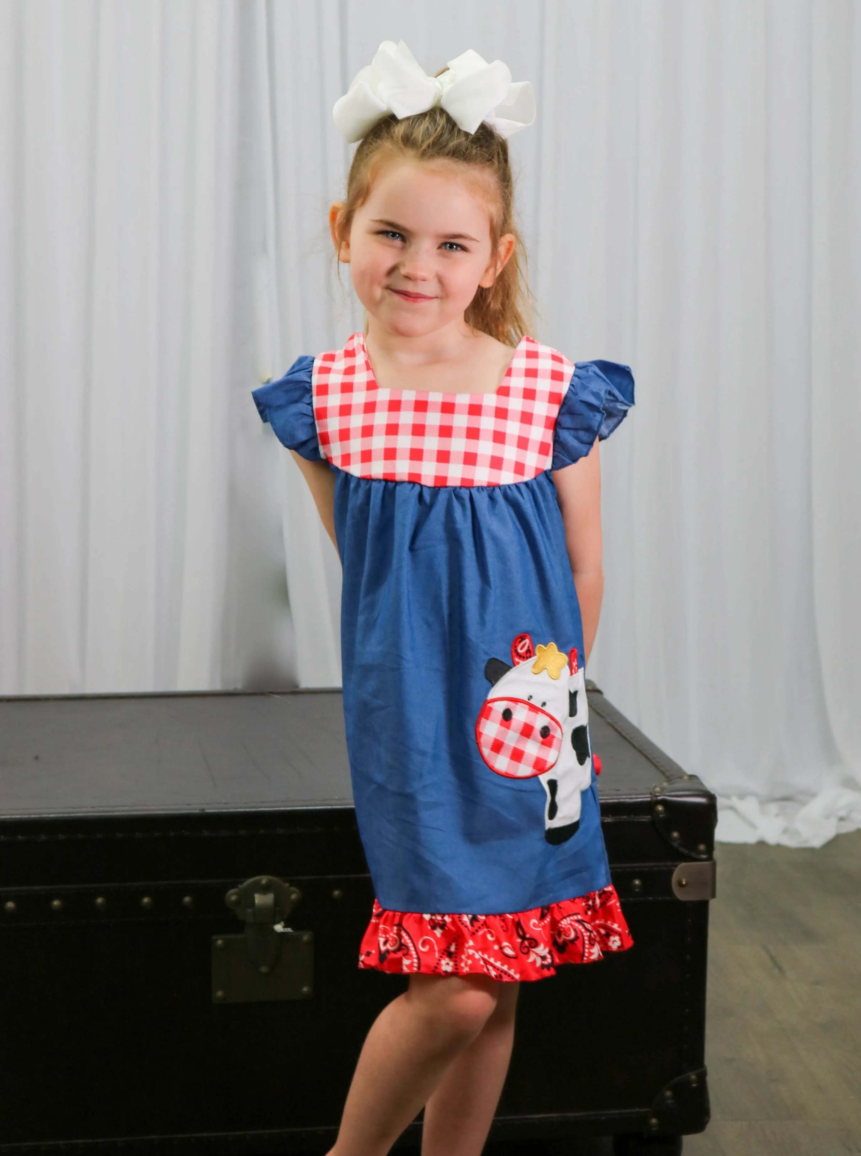 Chambray Bandana Cow Ruffle Dress