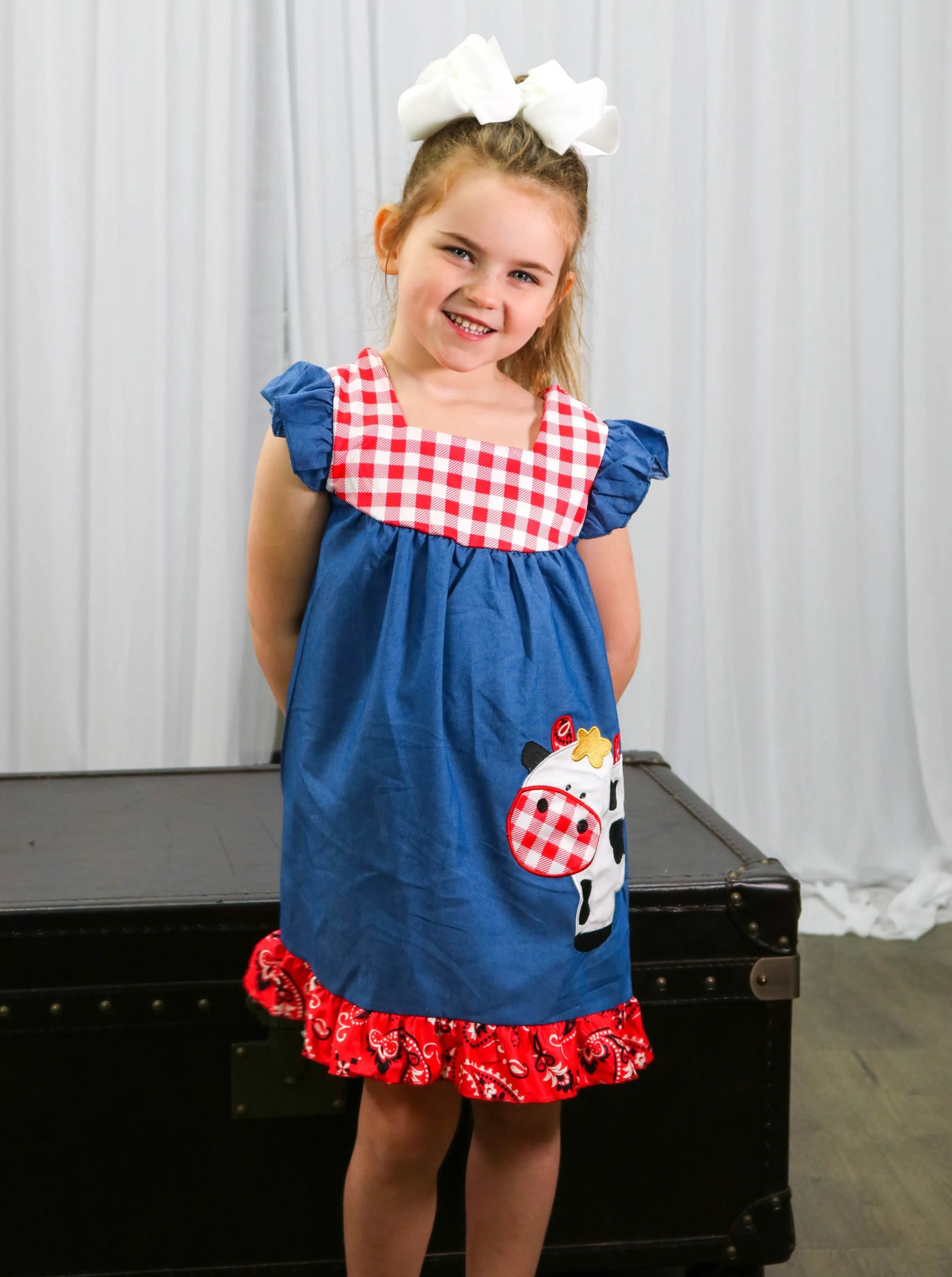 Chambray Bandana Cow Ruffle Dress