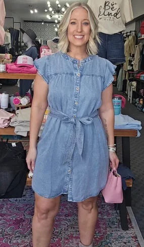 Chambray Button Up Belted Mini Dress