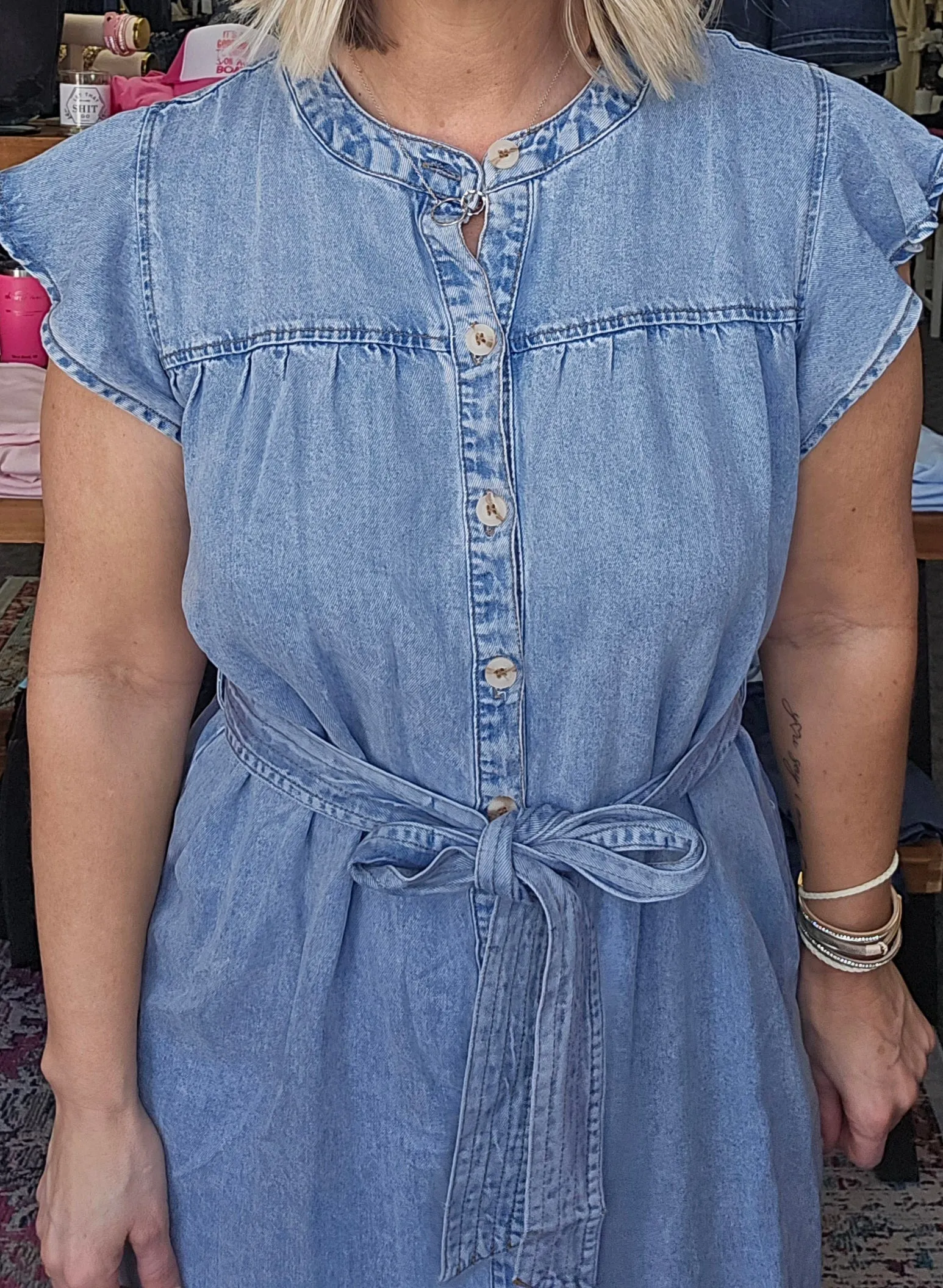 Chambray Button Up Belted Mini Dress
