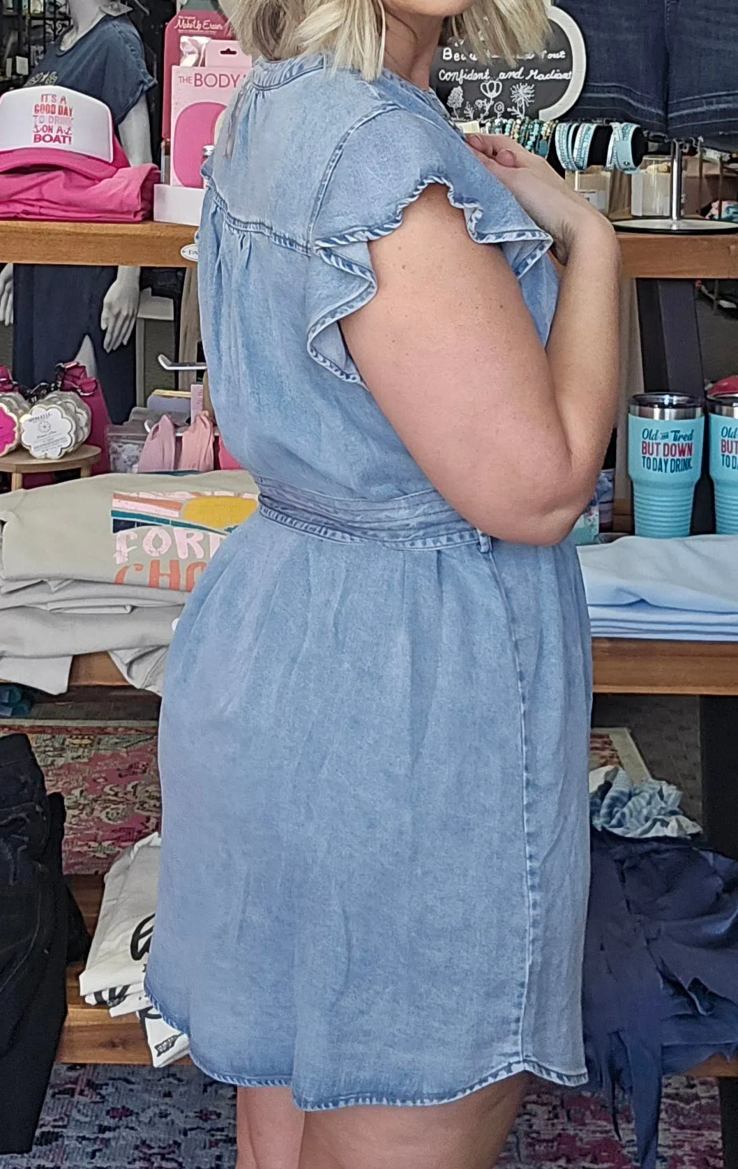 Chambray Button Up Belted Mini Dress