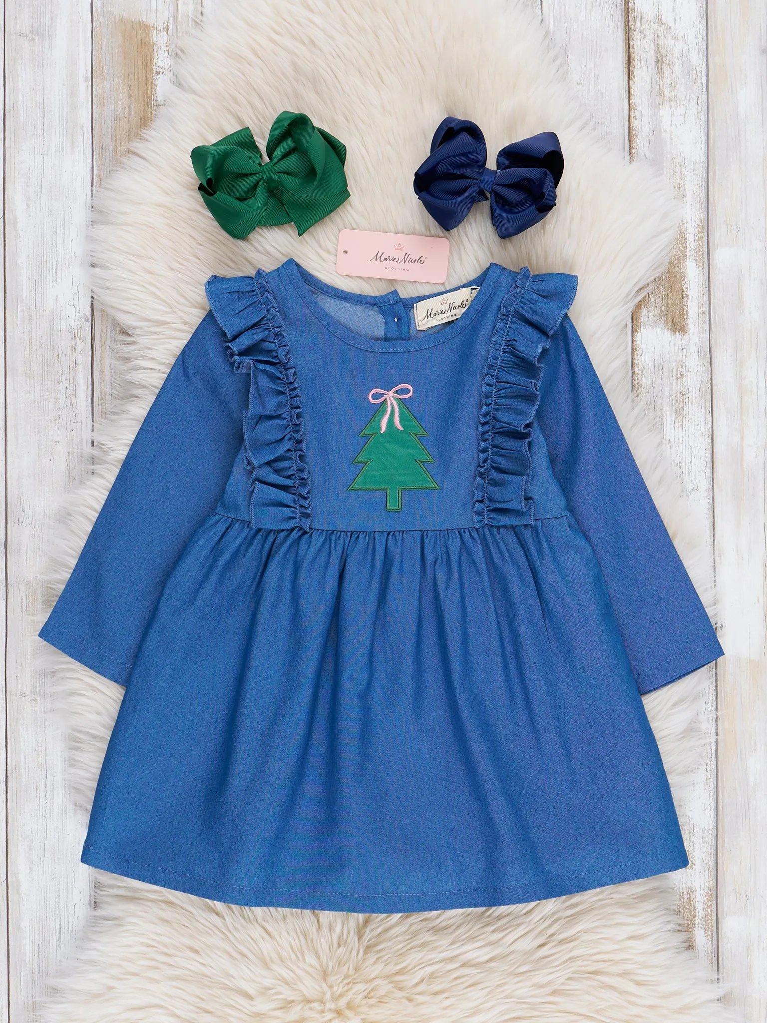 Chambray Embroidered Christmas Tree Ruffle Dress