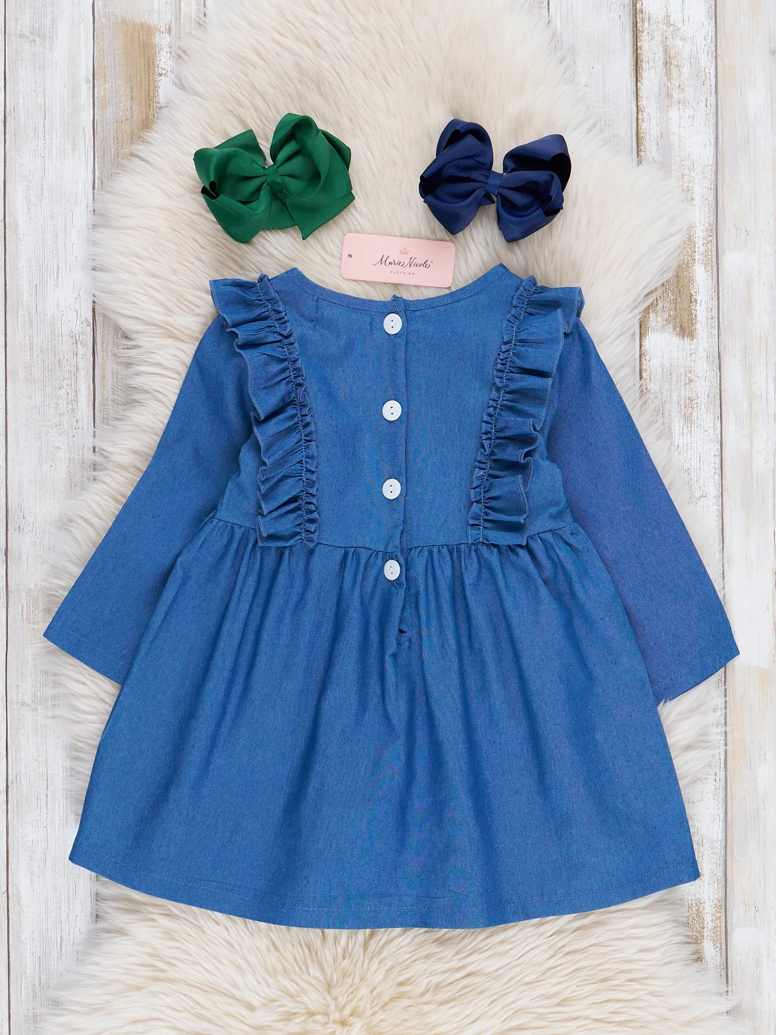 Chambray Embroidered Christmas Tree Ruffle Dress