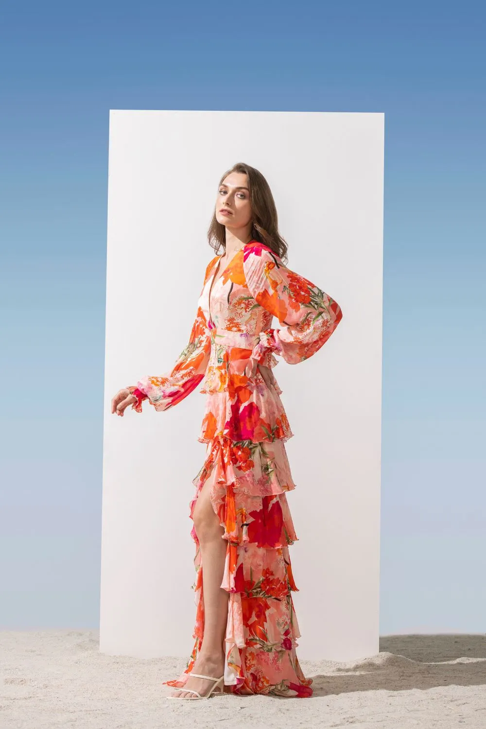 Chiffon coral printed tiered dress