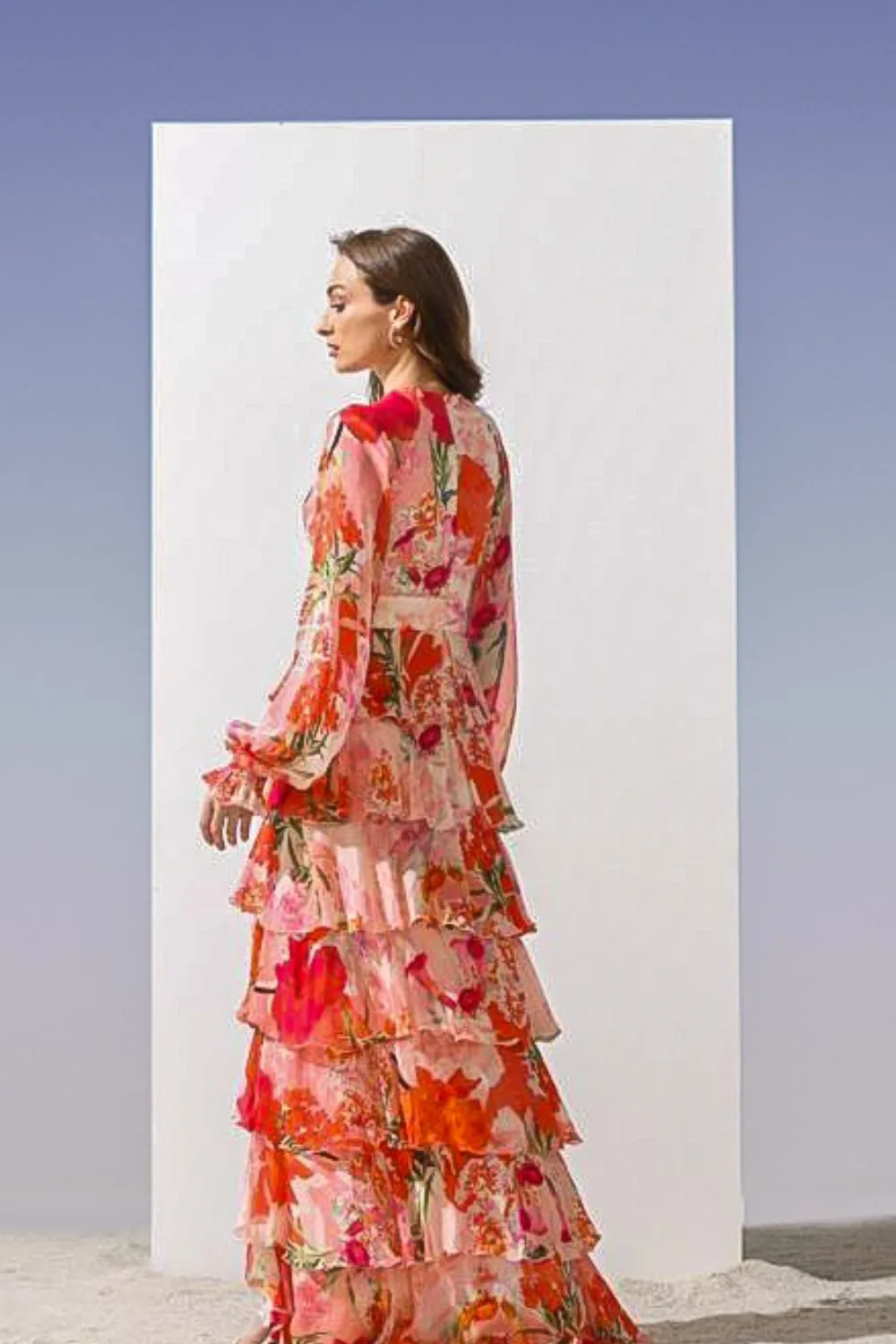 Chiffon coral printed tiered dress