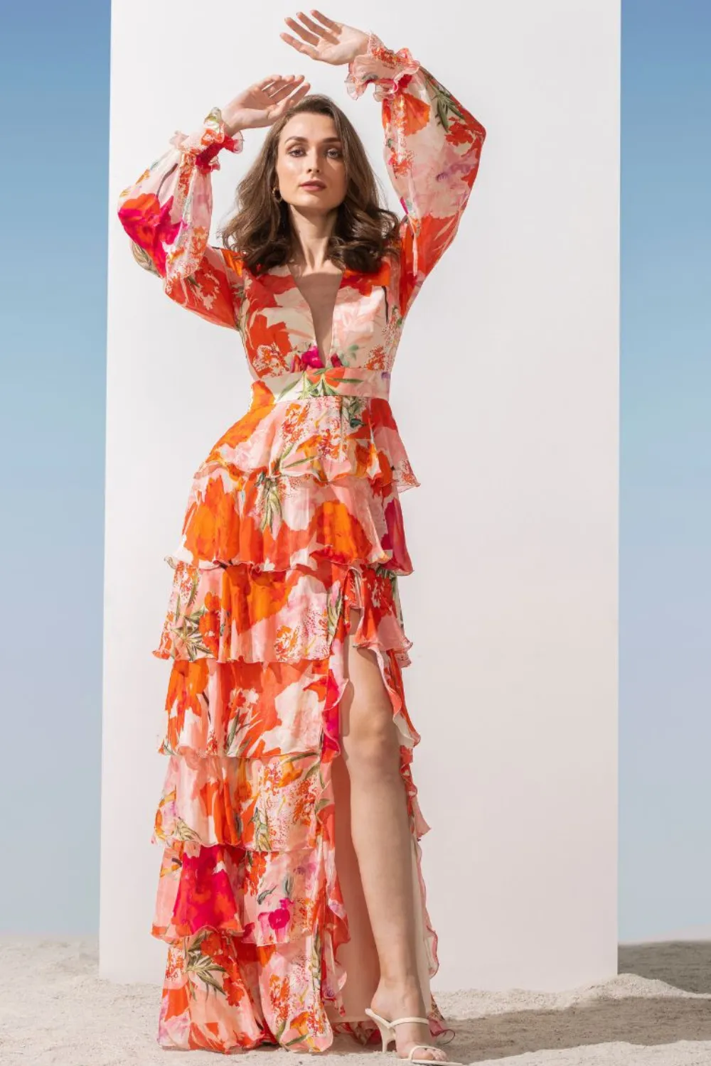 Chiffon coral printed tiered dress