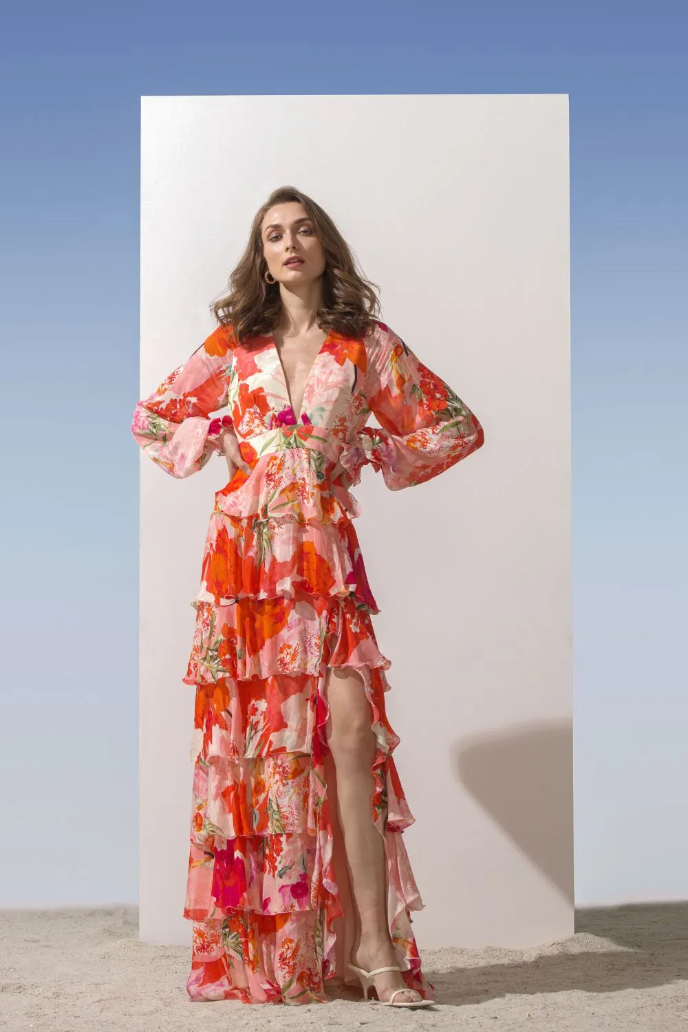 Chiffon coral printed tiered dress