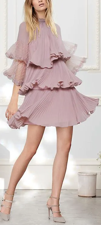 Chiffon Ruffled Pleated Shift dress, Pink