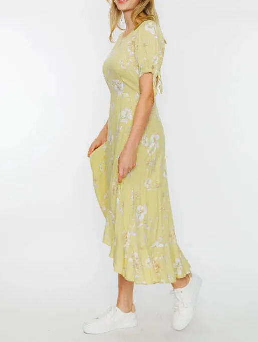Citrus Flutter Floral Print High-Low Short Sleeve Dress