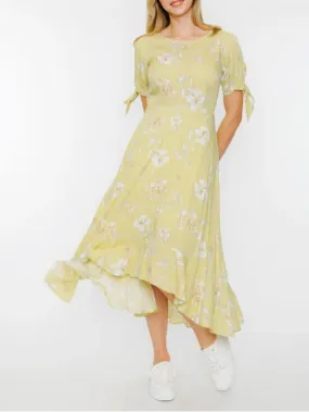 Citrus Flutter Floral Print High-Low Short Sleeve Dress