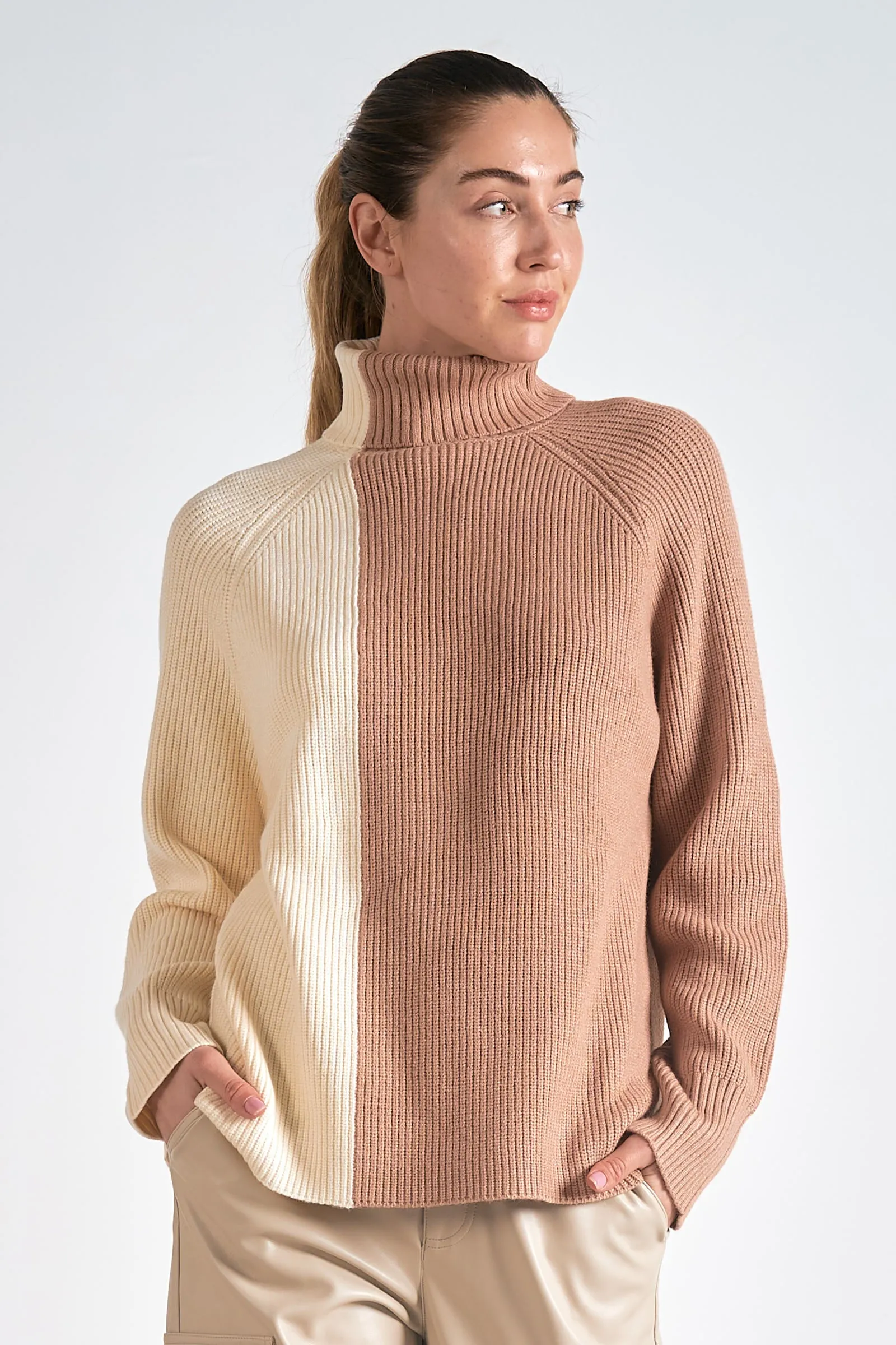 Color Block Turtle Neck Sweater Beige