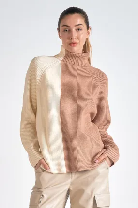 Color Block Turtle Neck Sweater Beige