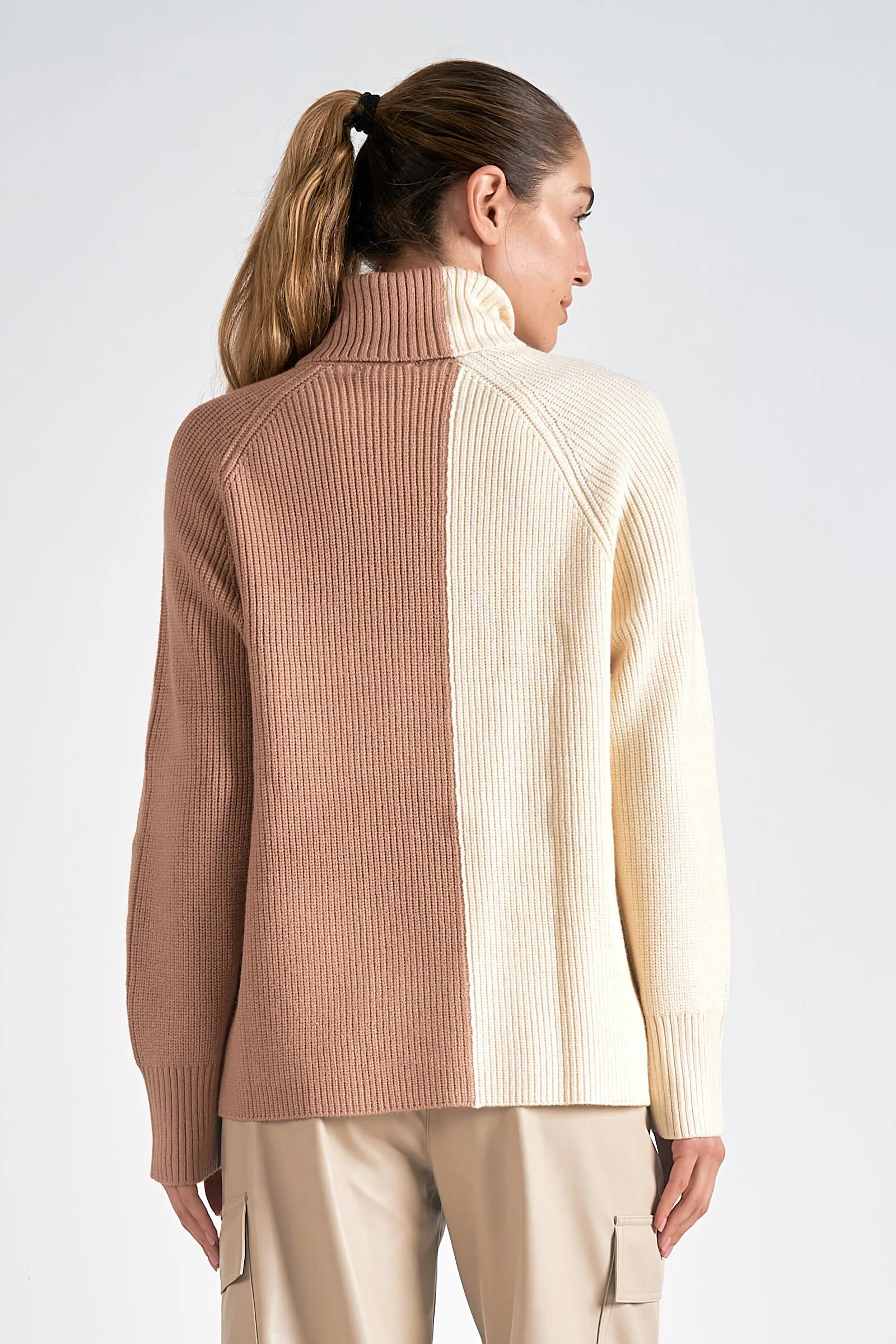 Color Block Turtle Neck Sweater Beige