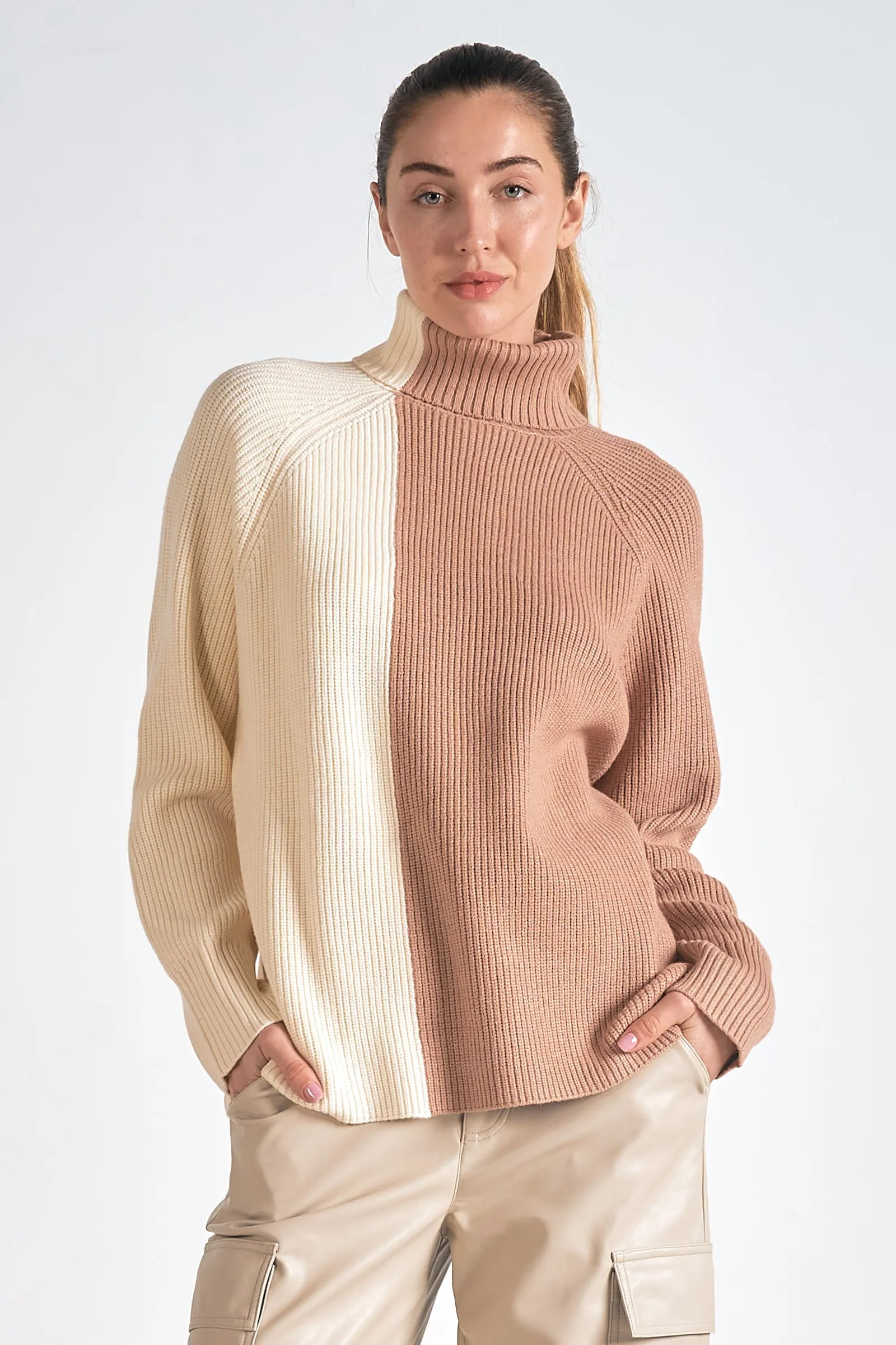 Color Block Turtle Neck Sweater Beige