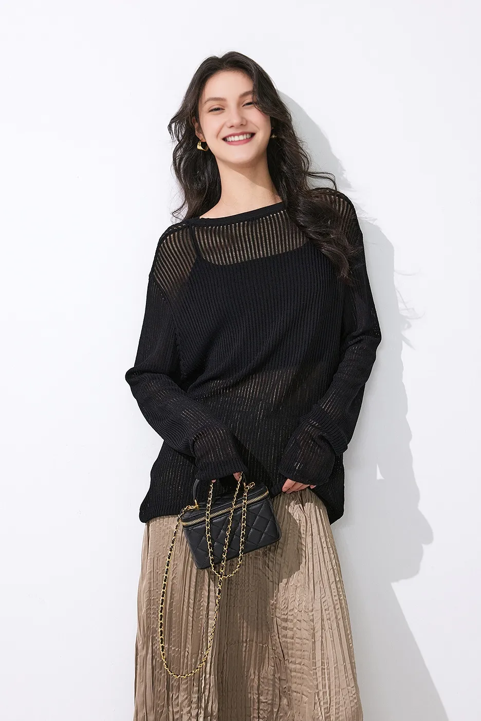 Crewneck Oversized Ribbed Knit Crochet Sweater