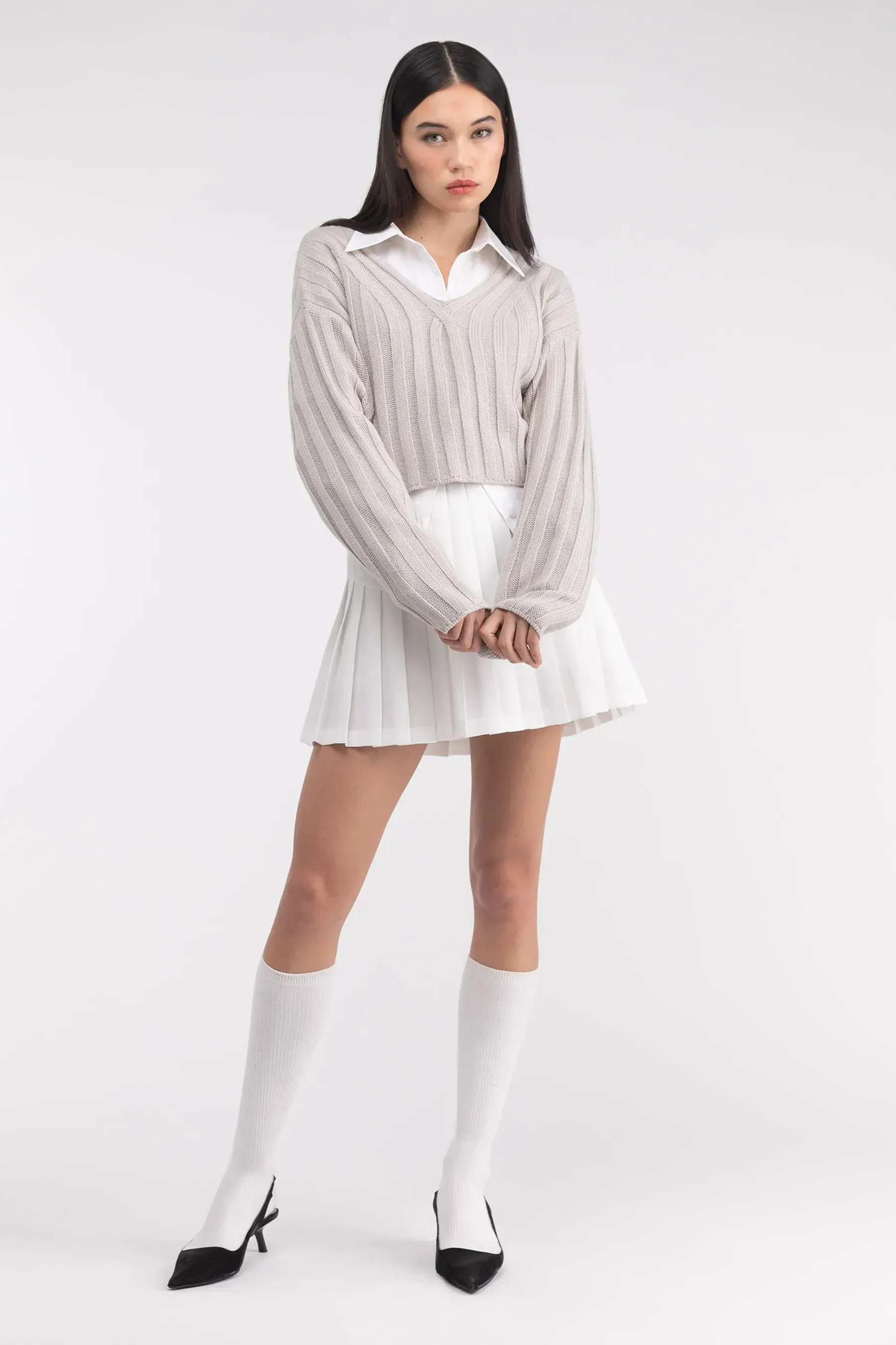 Cropped Rib-Knit V-Neck Sweater