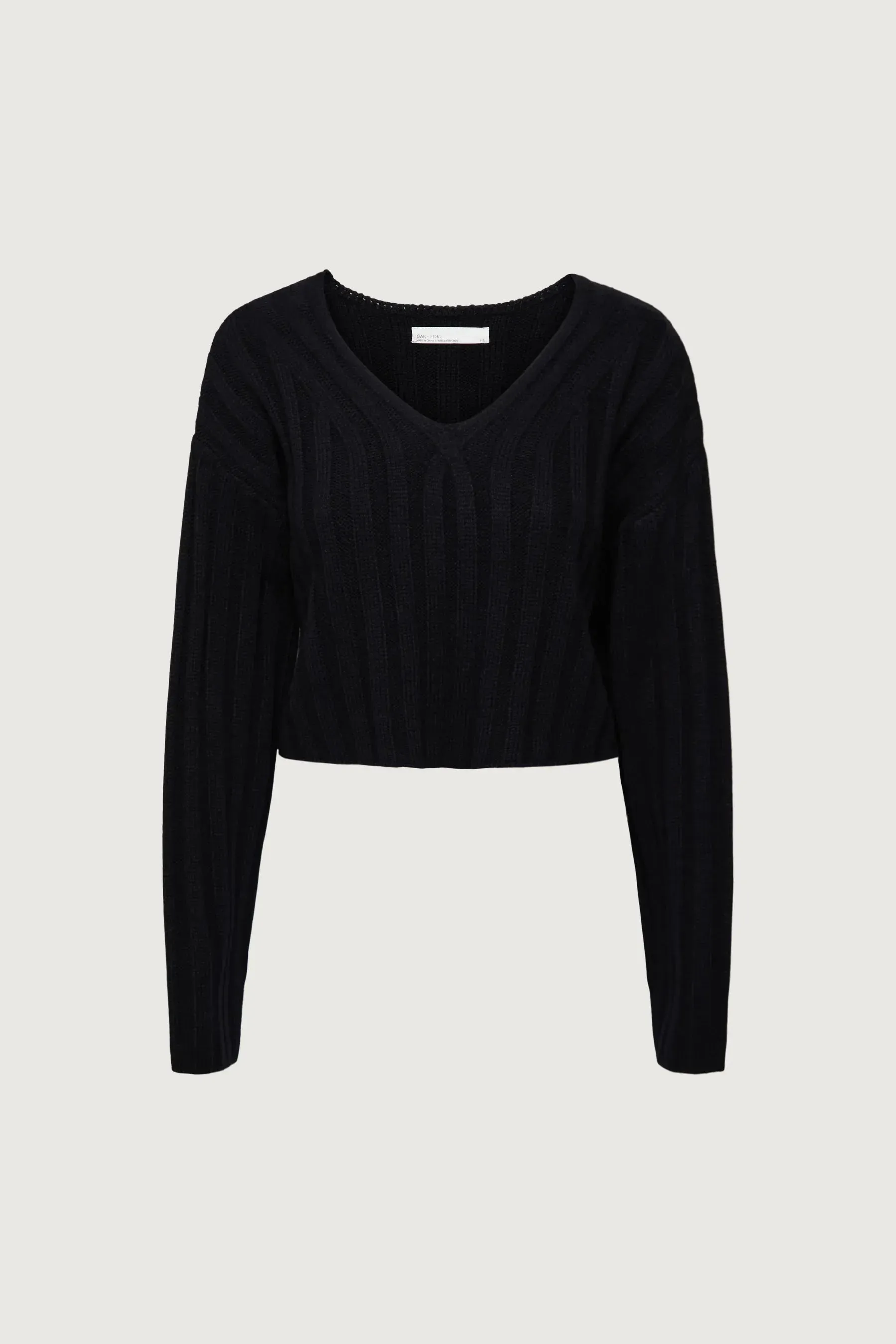 Cropped Rib-Knit V-Neck Sweater