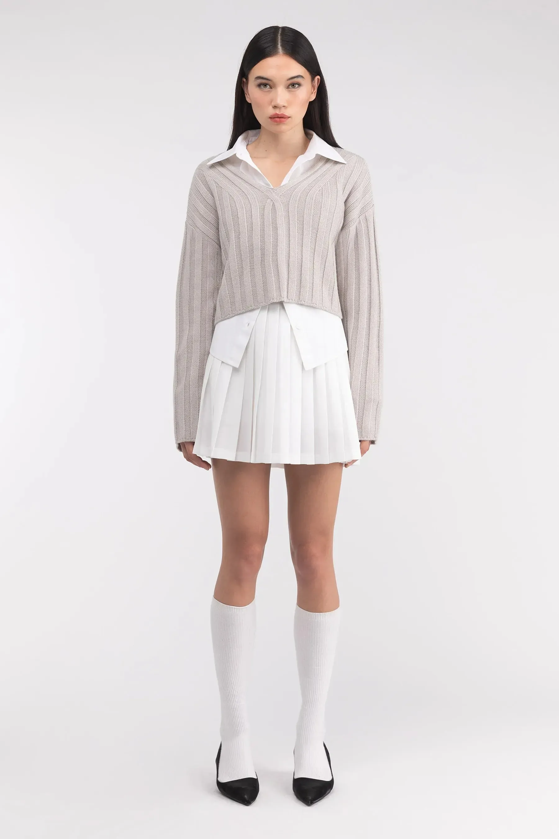 Cropped Rib-Knit V-Neck Sweater