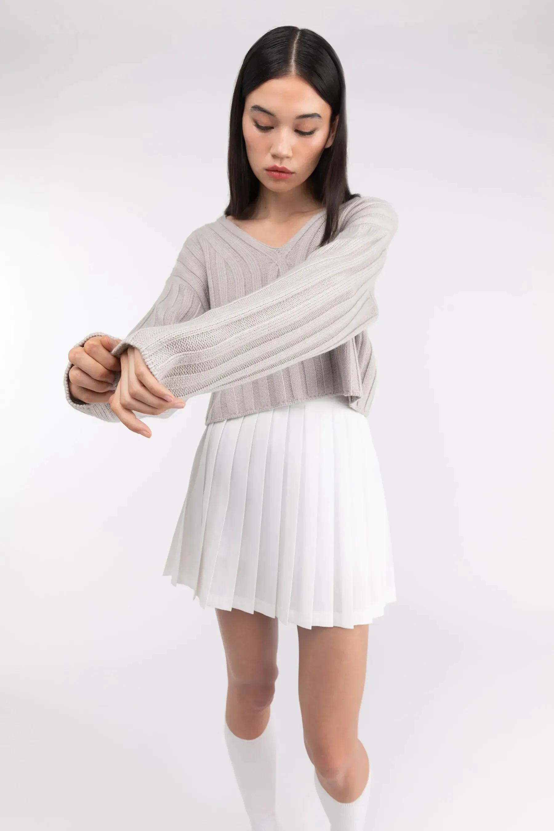 Cropped Rib-Knit V-Neck Sweater