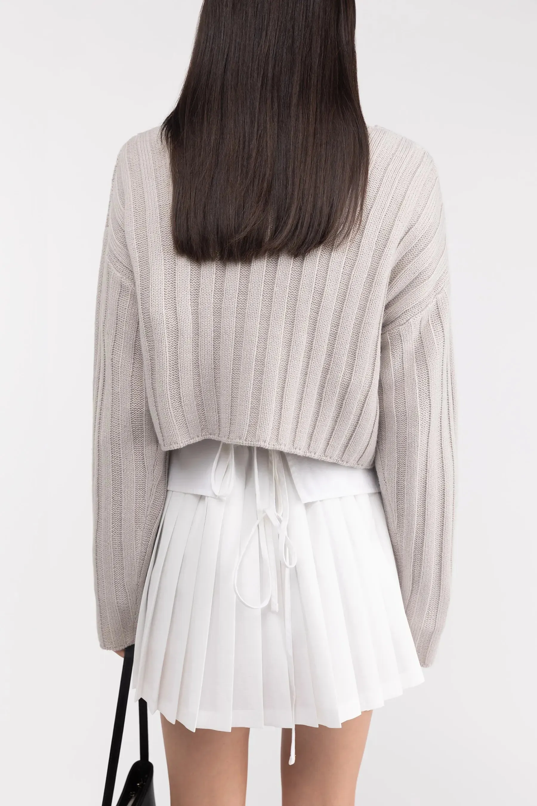 Cropped Rib-Knit V-Neck Sweater