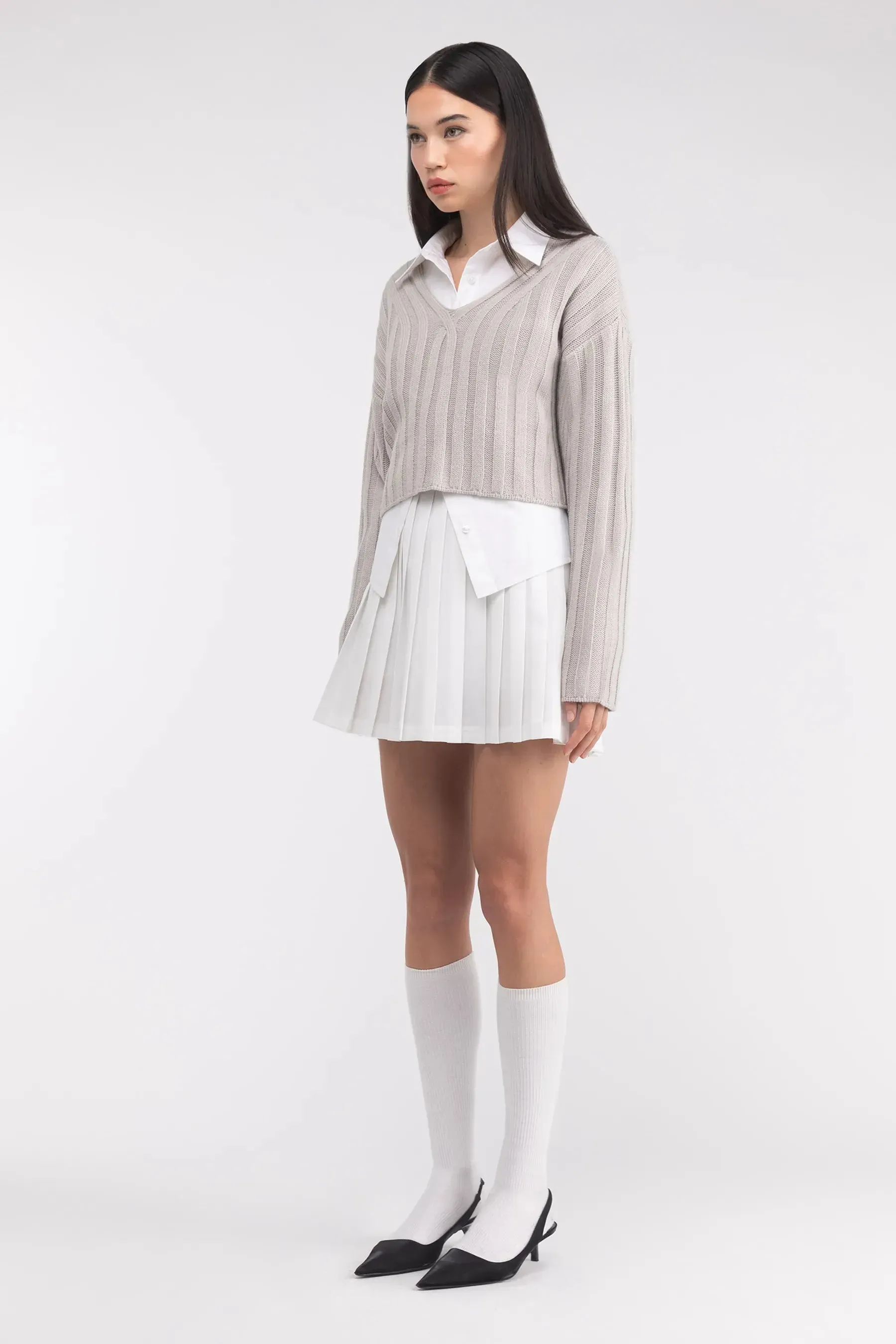 Cropped Rib-Knit V-Neck Sweater