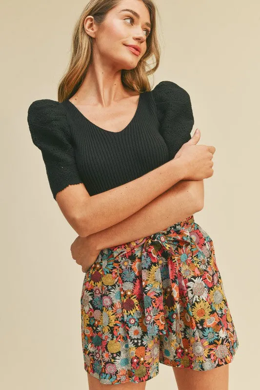 *CROTCHET SLEEVE RIBBED KNIT SWEATER