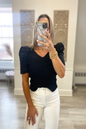 *CROTCHET SLEEVE RIBBED KNIT SWEATER