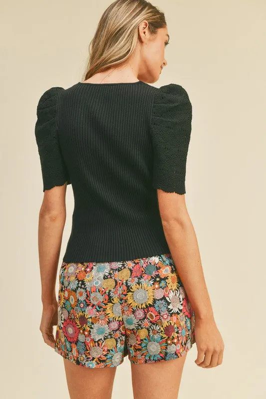 *CROTCHET SLEEVE RIBBED KNIT SWEATER