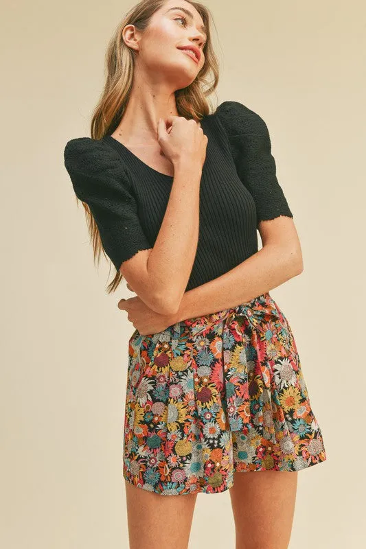 *CROTCHET SLEEVE RIBBED KNIT SWEATER