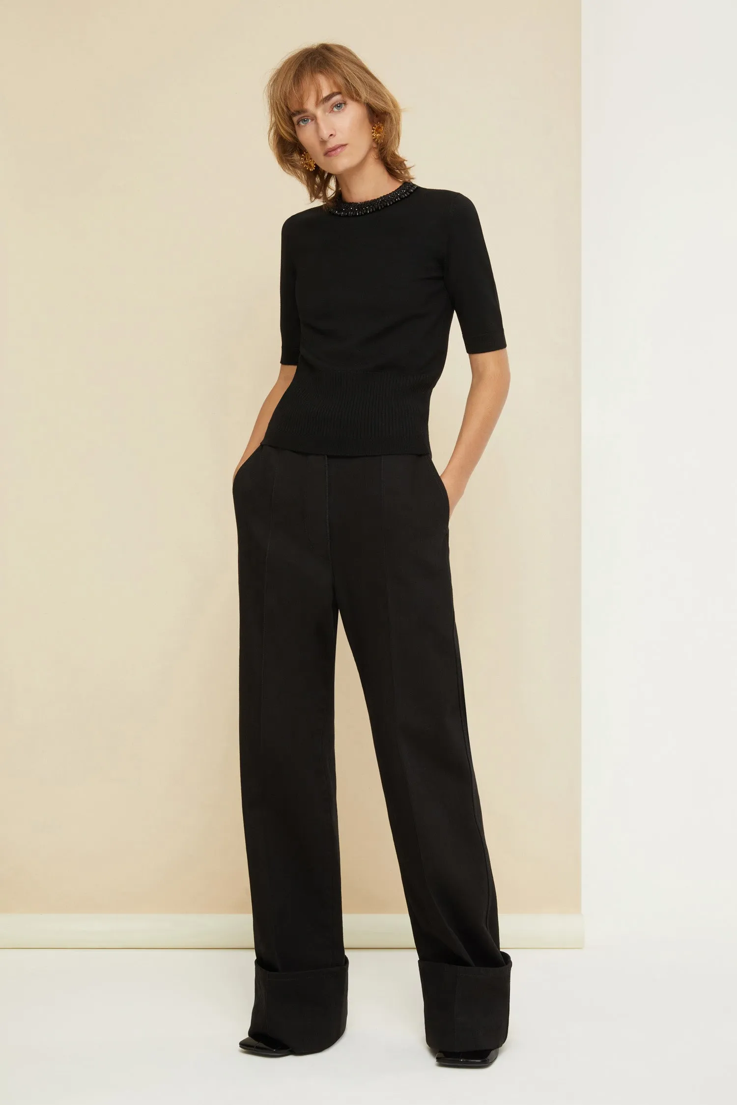 Cuffed wide-leg trousers in organic denim
