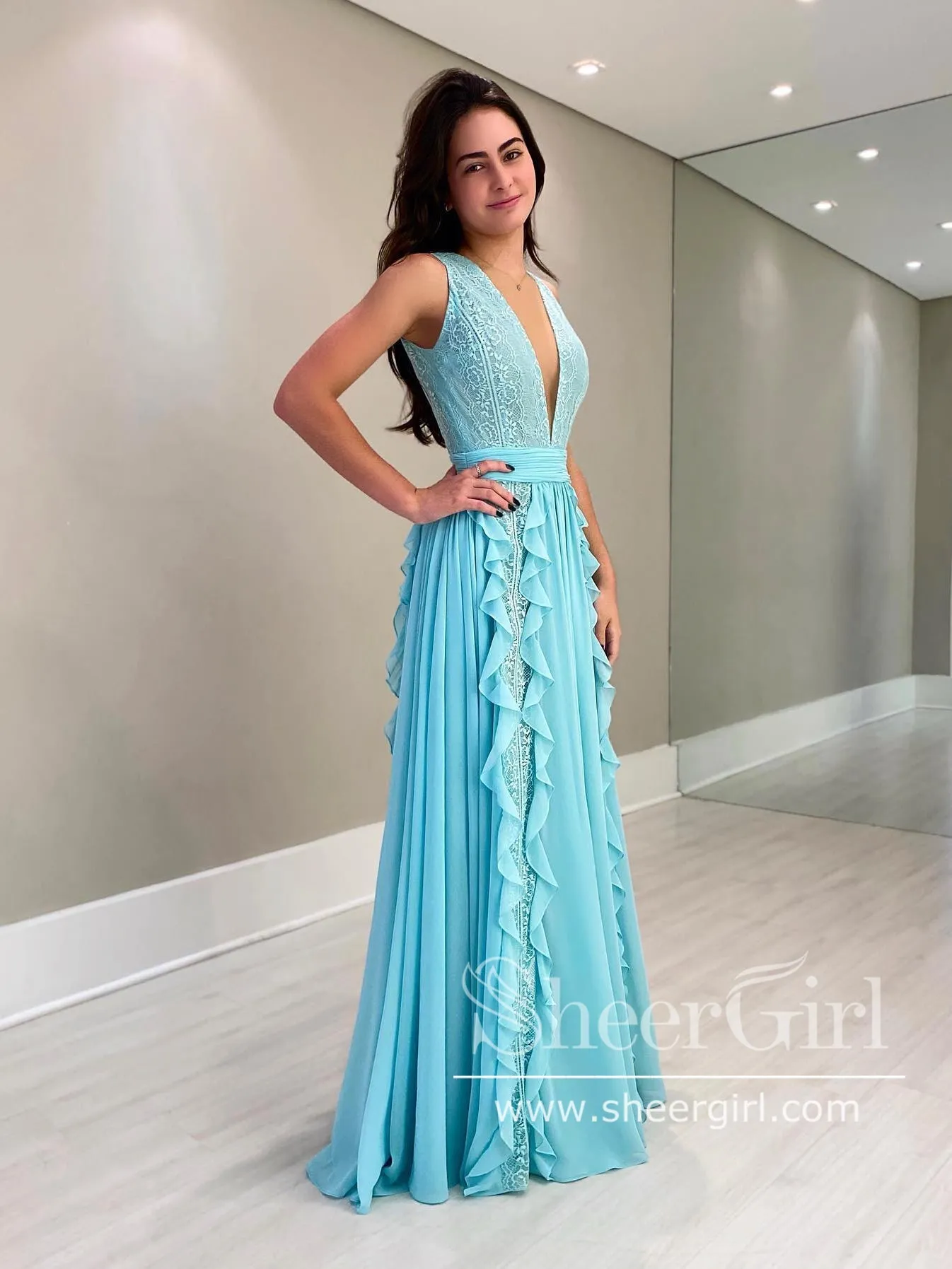 Elegant Lace Ruffled Chiffon Prom Dress Flowy Sky Blue Bridesmaid Dress ARD2728