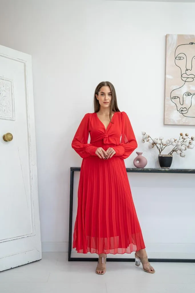 ELS Pleated Chiffon Dress - Red - Sydney