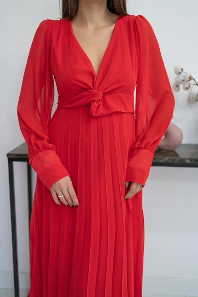 ELS Pleated Chiffon Dress - Red - Sydney