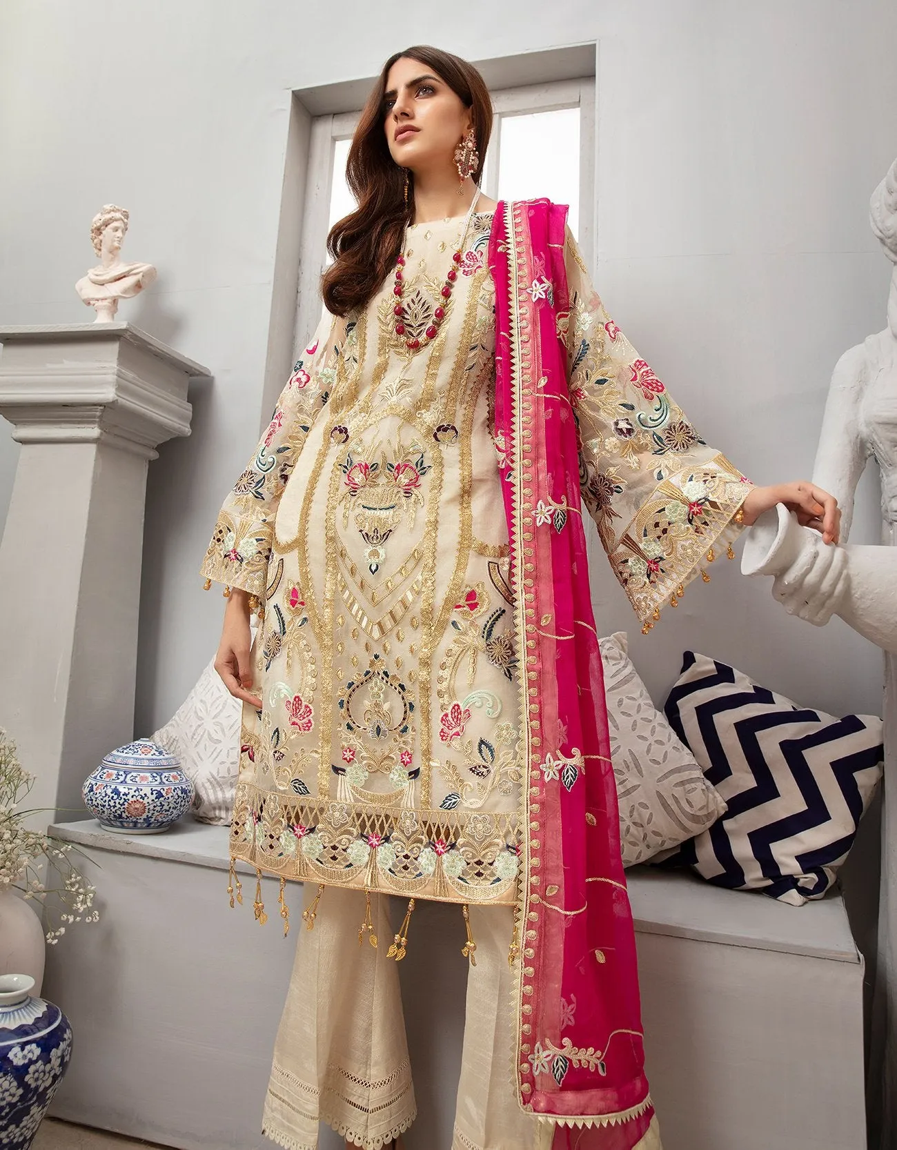 Embroidered Organza Dress In Ivory With Fuchsia # C2076