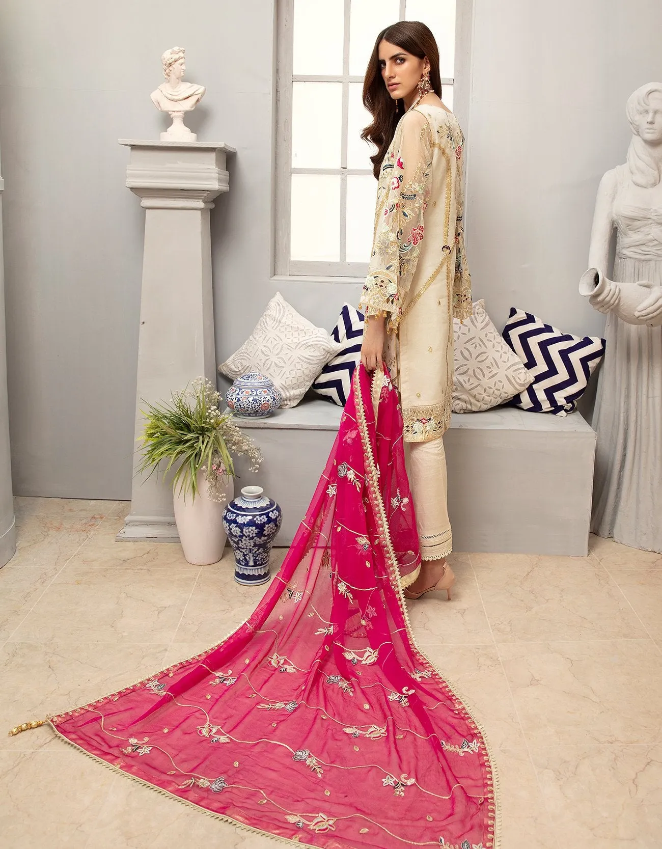 Embroidered Organza Dress In Ivory With Fuchsia # C2076